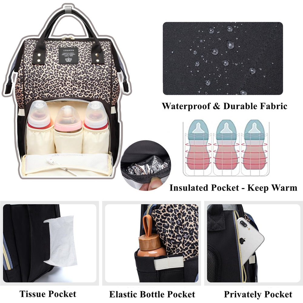 Armbq leopard print diaper bag multiple compartments improve on-the-go organization.