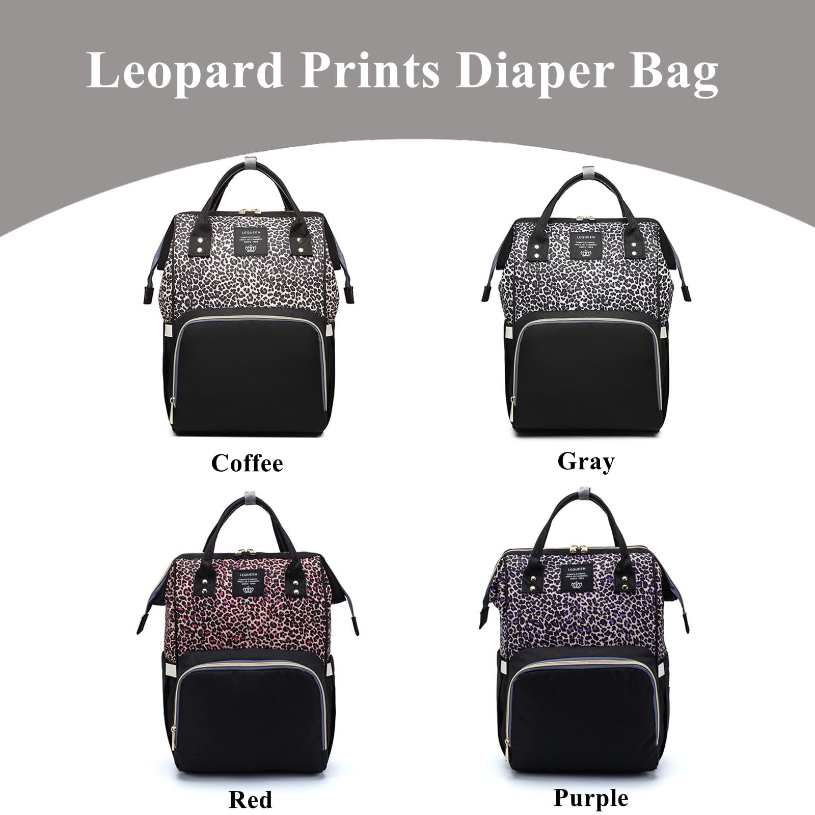 Armbq leopard print diaper bag side water bottle pocket keeps drinks accessible.