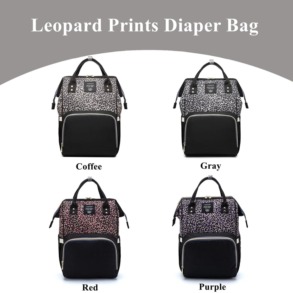 Armbq leopard print diaper bag side water bottle pocket keeps drinks accessible.