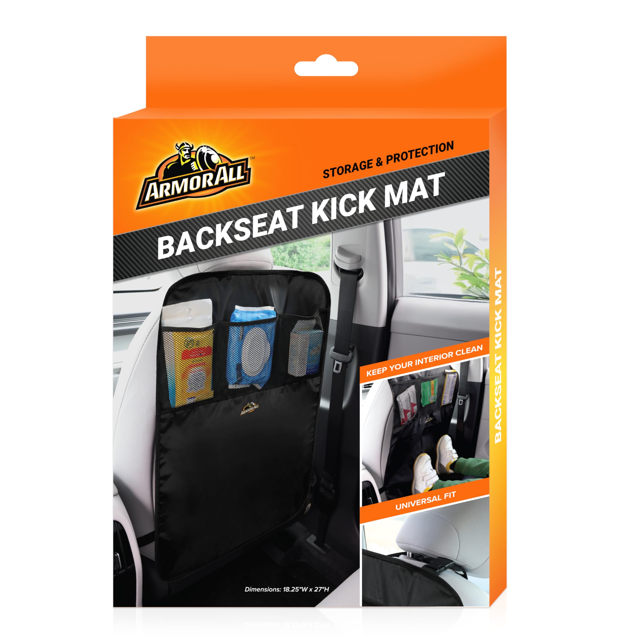 Armor All backseat kick mat protects against kicks, scuffs, and stains in vehicles.