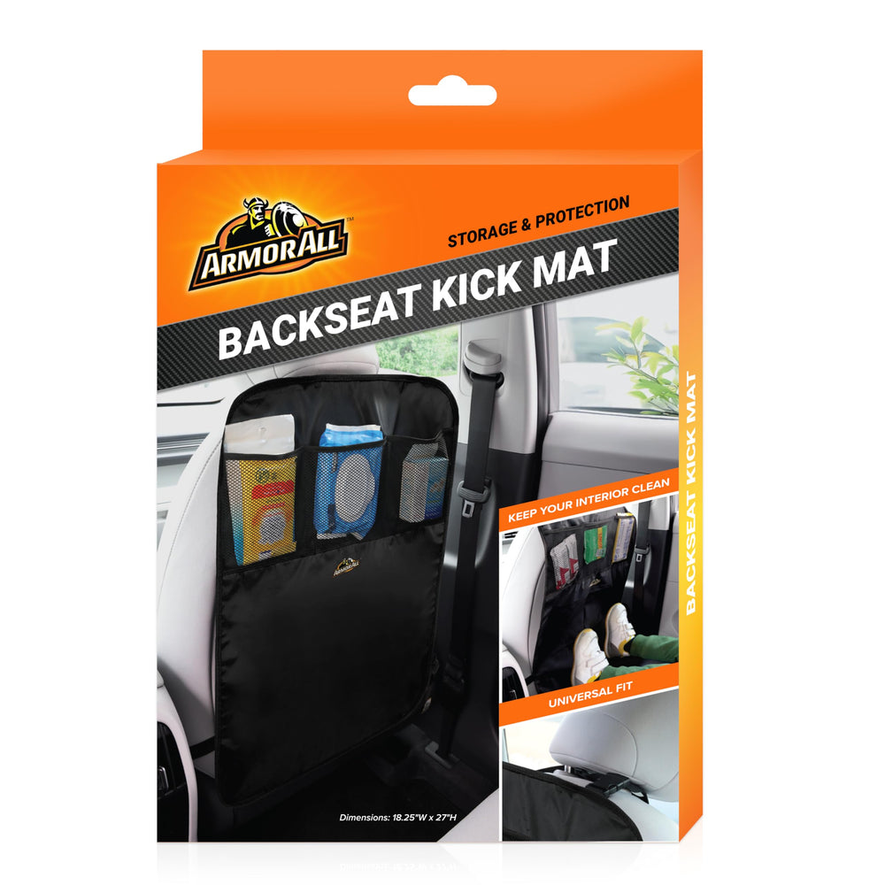 Armor All backseat kick mat protects against kicks, scuffs, and stains in vehicles.