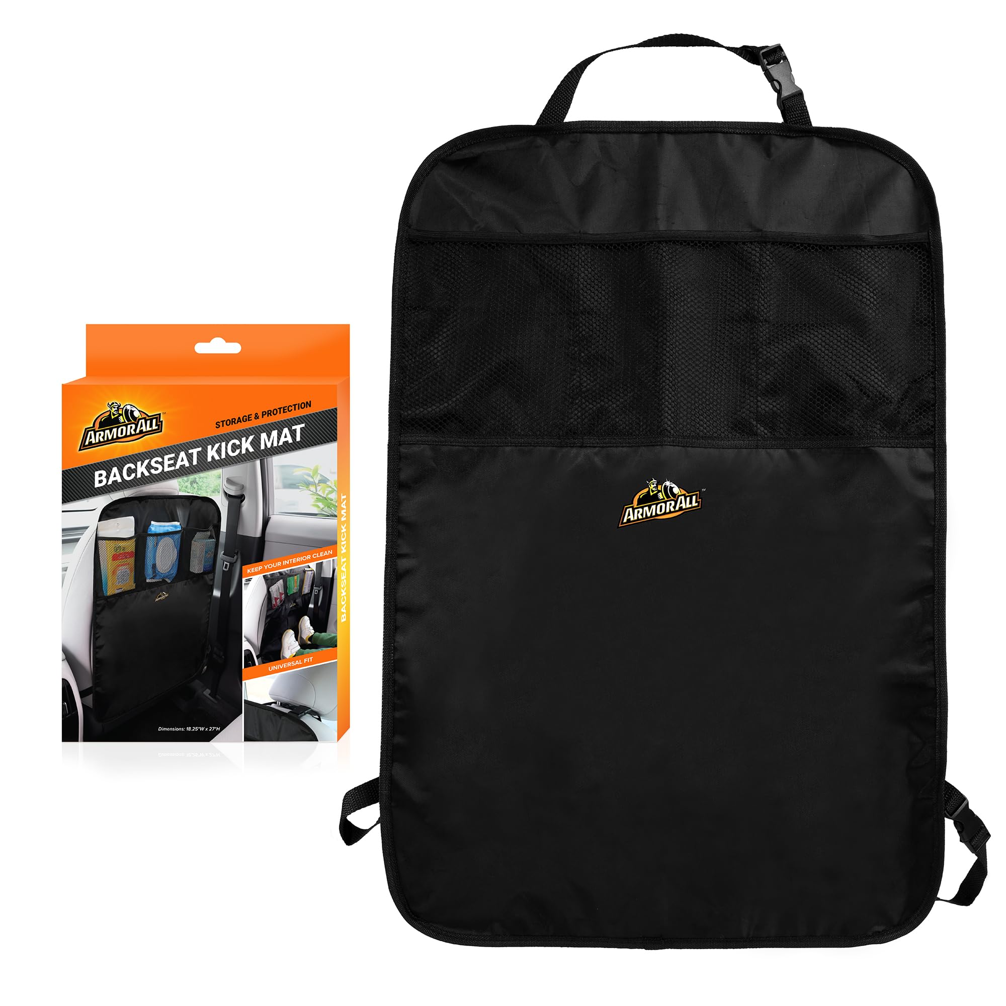 Armor All backseat kick mat with storage pockets keeps toys organized on long trips.