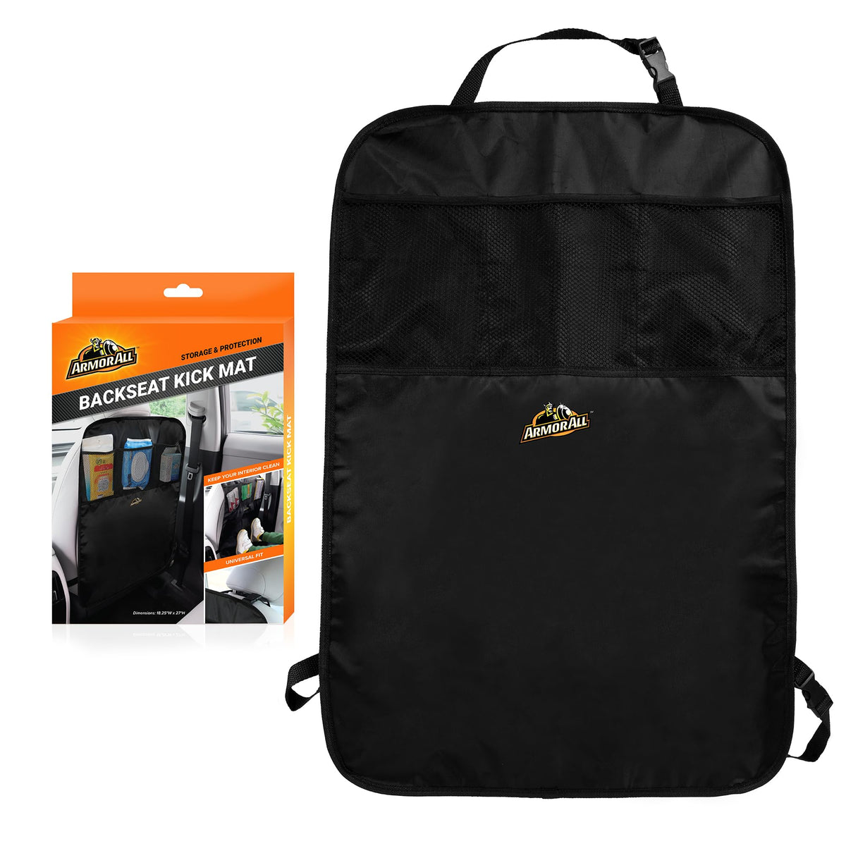 Armor All backseat kick mat with storage pockets keeps toys organized on long trips.