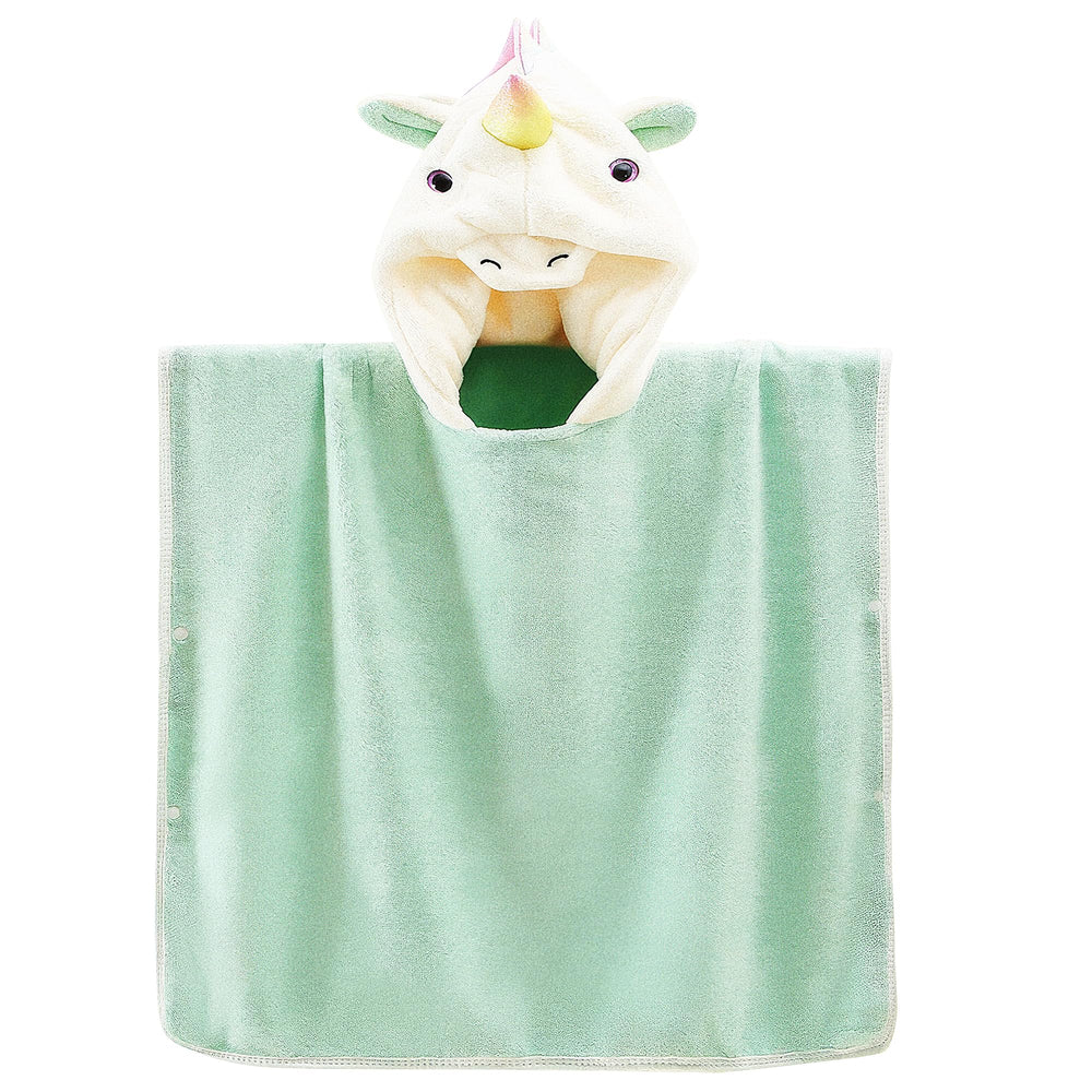 ARNUAETY green unicorn hooded towel poncho worn by a child at the beach.