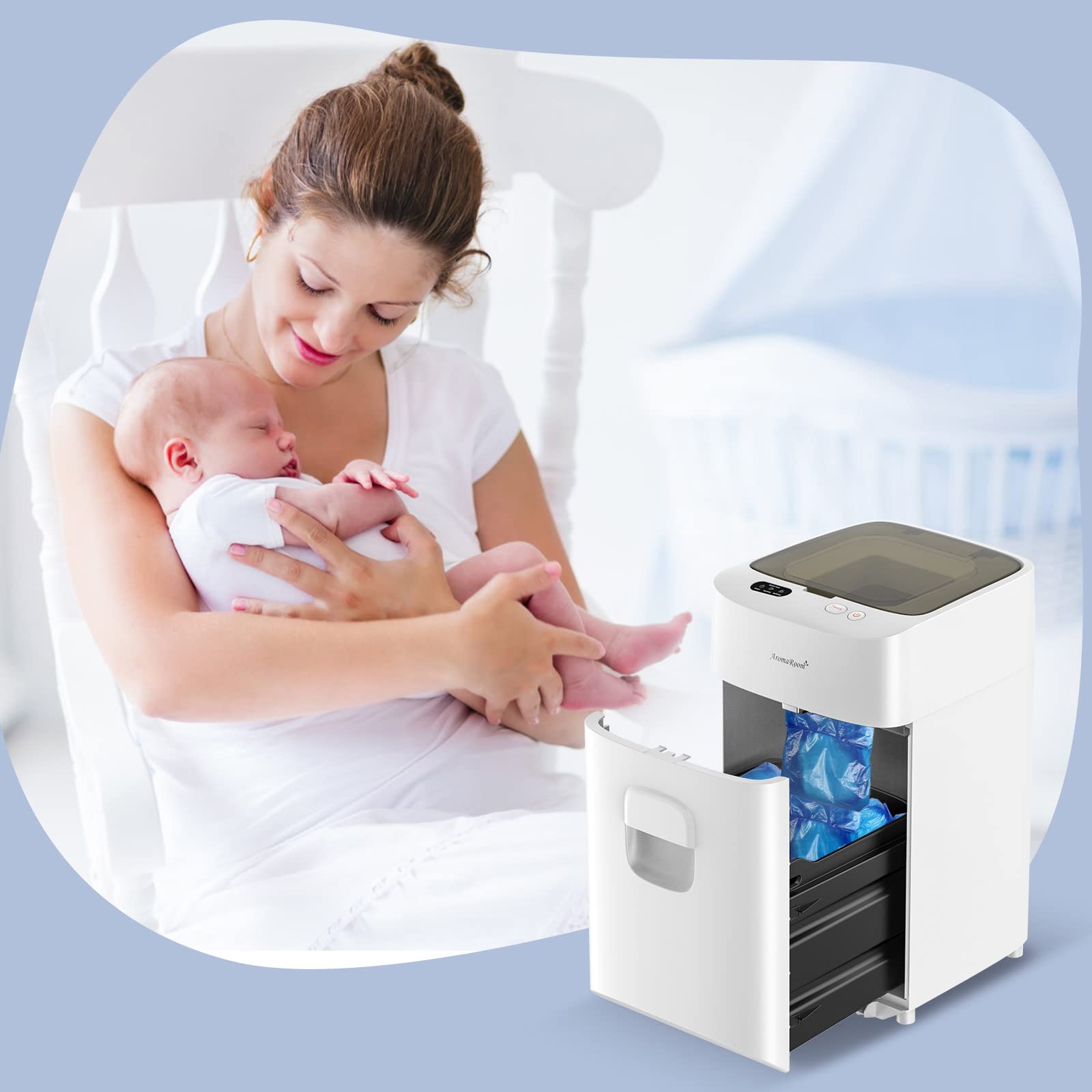 Nursery scene with Aroma Room refill bag demonstrating odor control