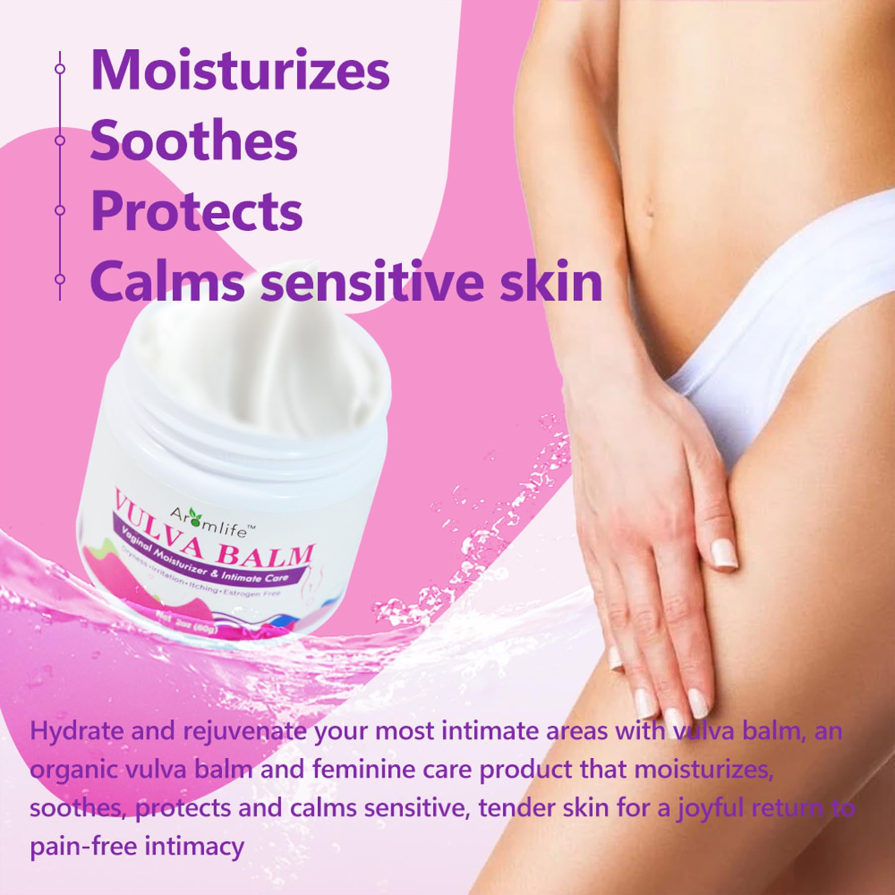 Aromlife organic feminine care packaging highlighting clean ingredients
