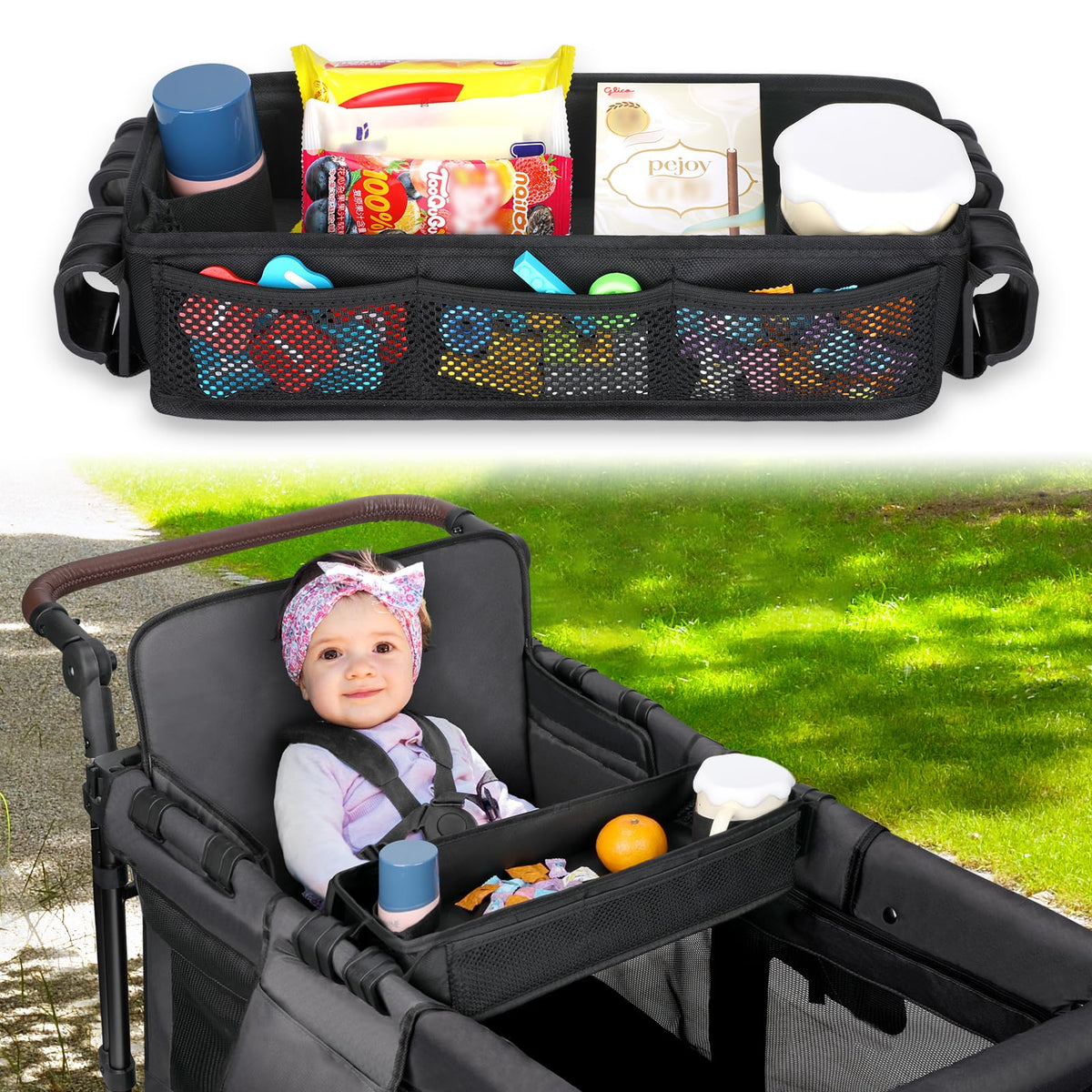 AROUY snack tray attached to Wonderfold W2 for secure on-the-go snacking.