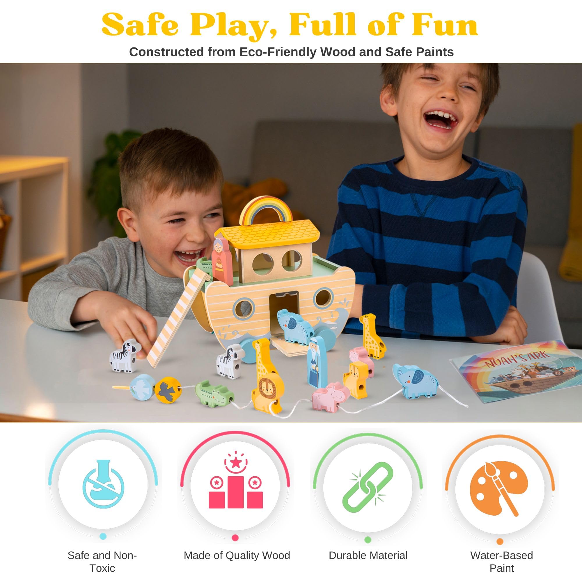 Arristone Noah's Ark toy elephants and zebras promote animal recognition.