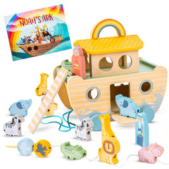 Arristone Noah's Ark toy with wheels and pull rope supports active play.