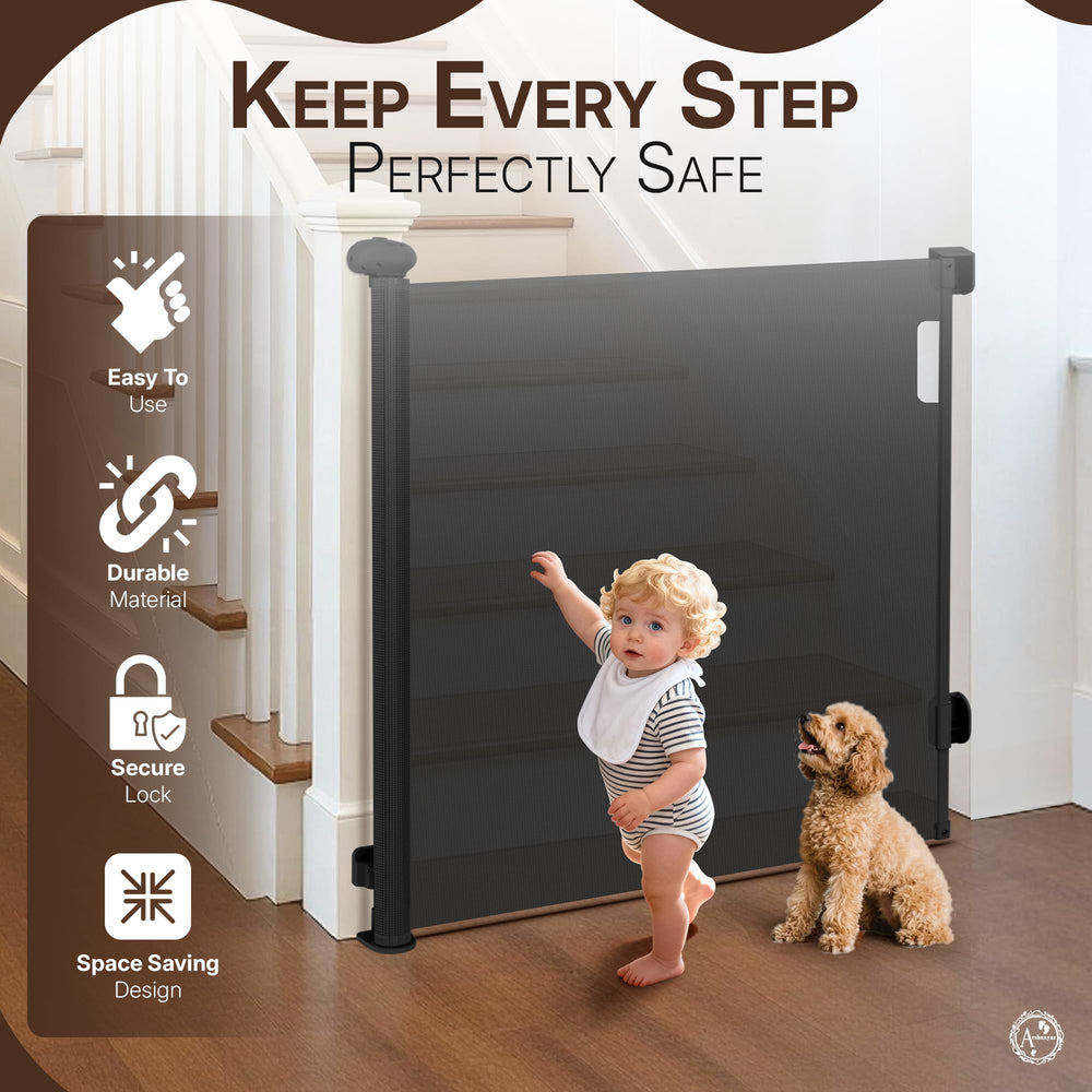 Baseboard-adjustable mounting for flexible fit on ARSHNAYAS mesh gate.