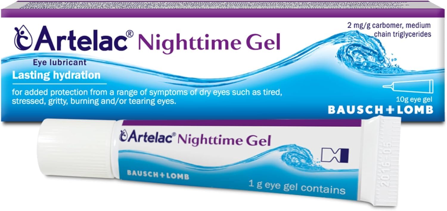 Artelac Nightime Gel application close-up highlights gentle nighttime usage.