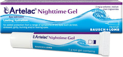 Artelac Nightime Gel application close-up highlights gentle nighttime usage.