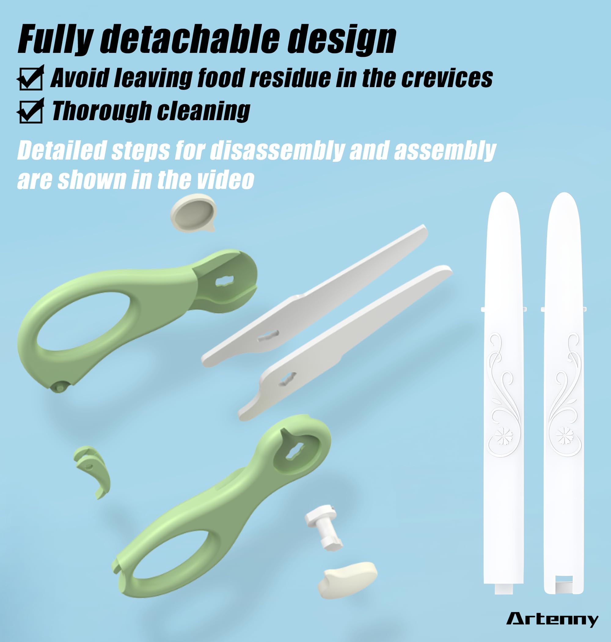 Artenny ceramic blade close-up, rust-free edge and easy cleaning for gentle baby meals.