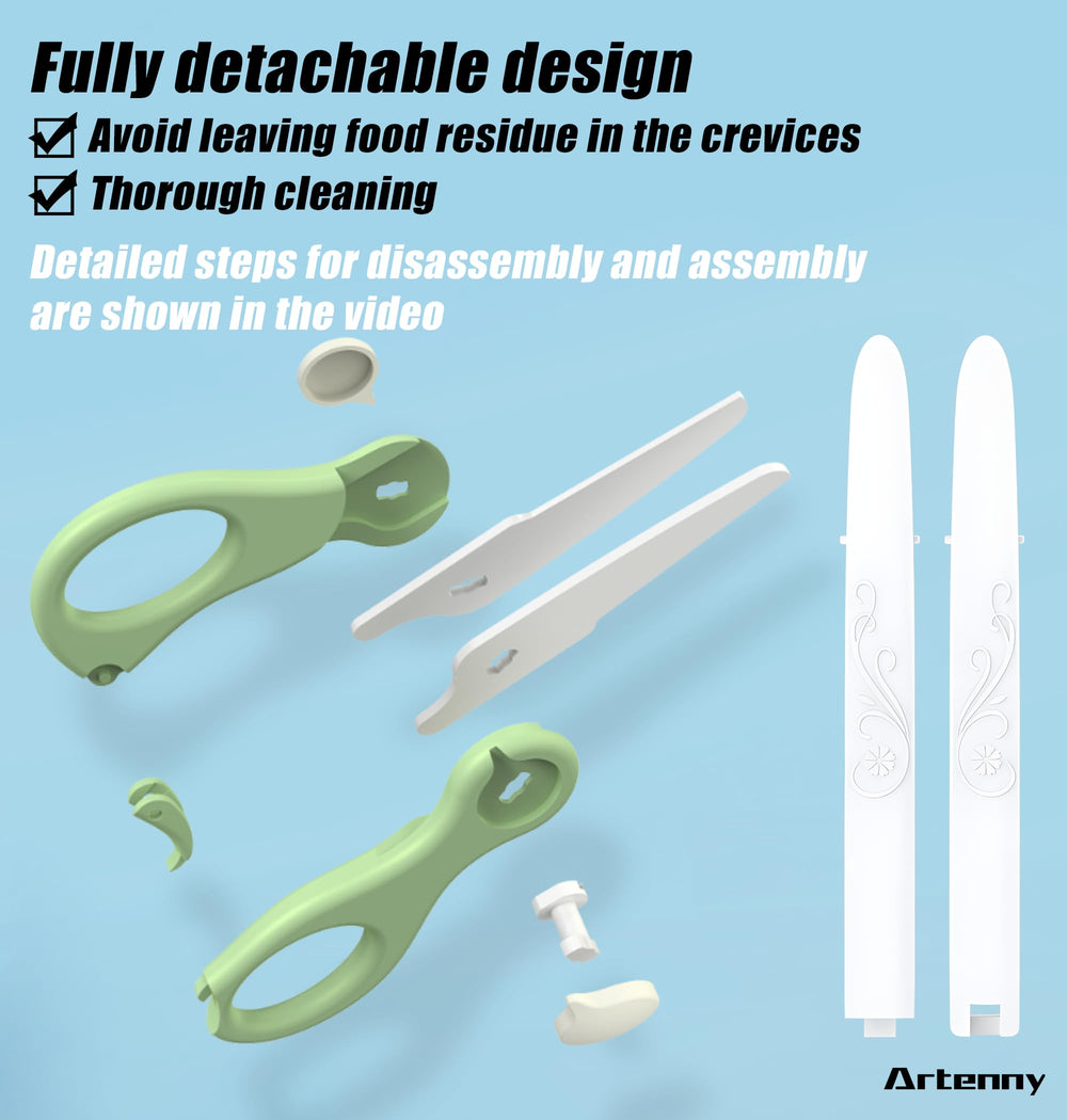 Artenny ceramic blade close-up, rust-free edge and easy cleaning for gentle baby meals.