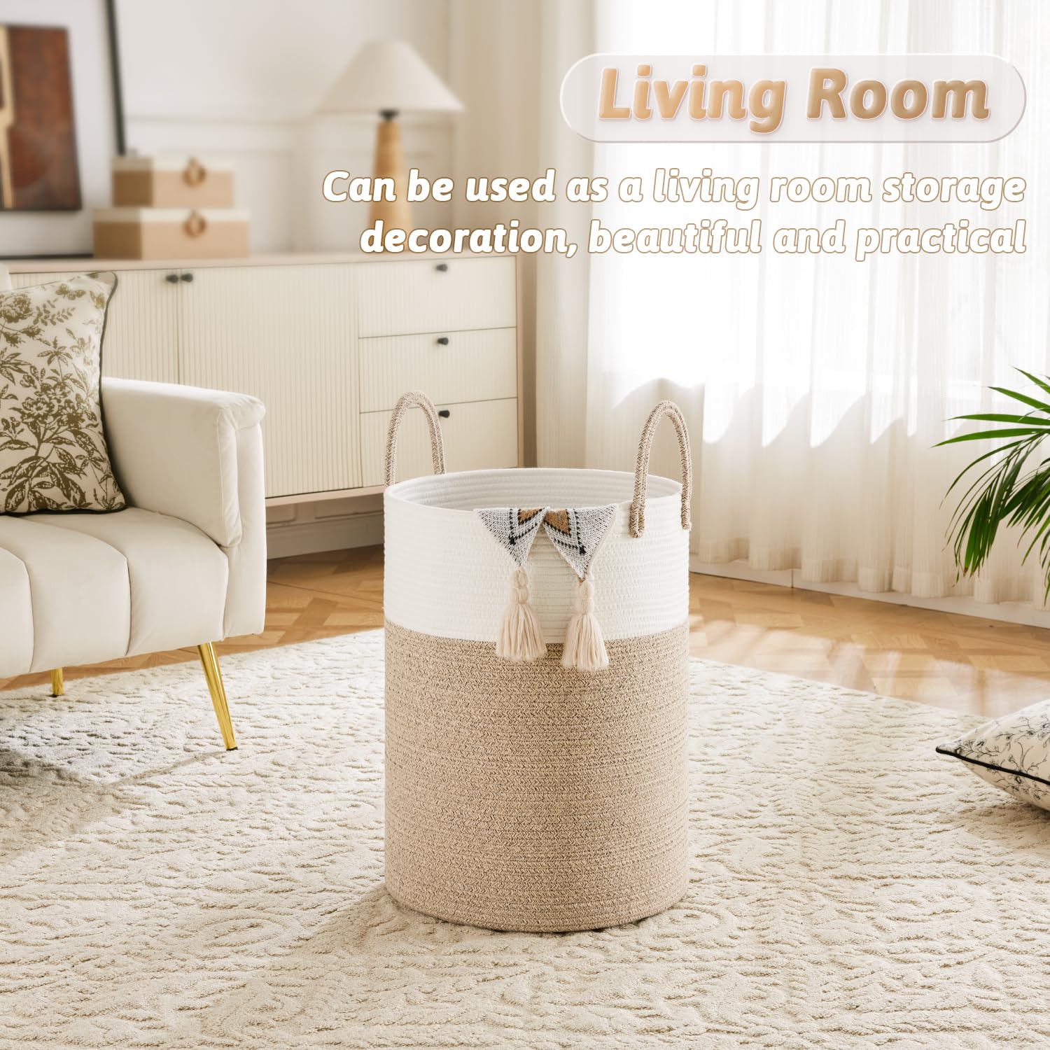 Artfeel basket storing blankets and linens with decorative appeal.