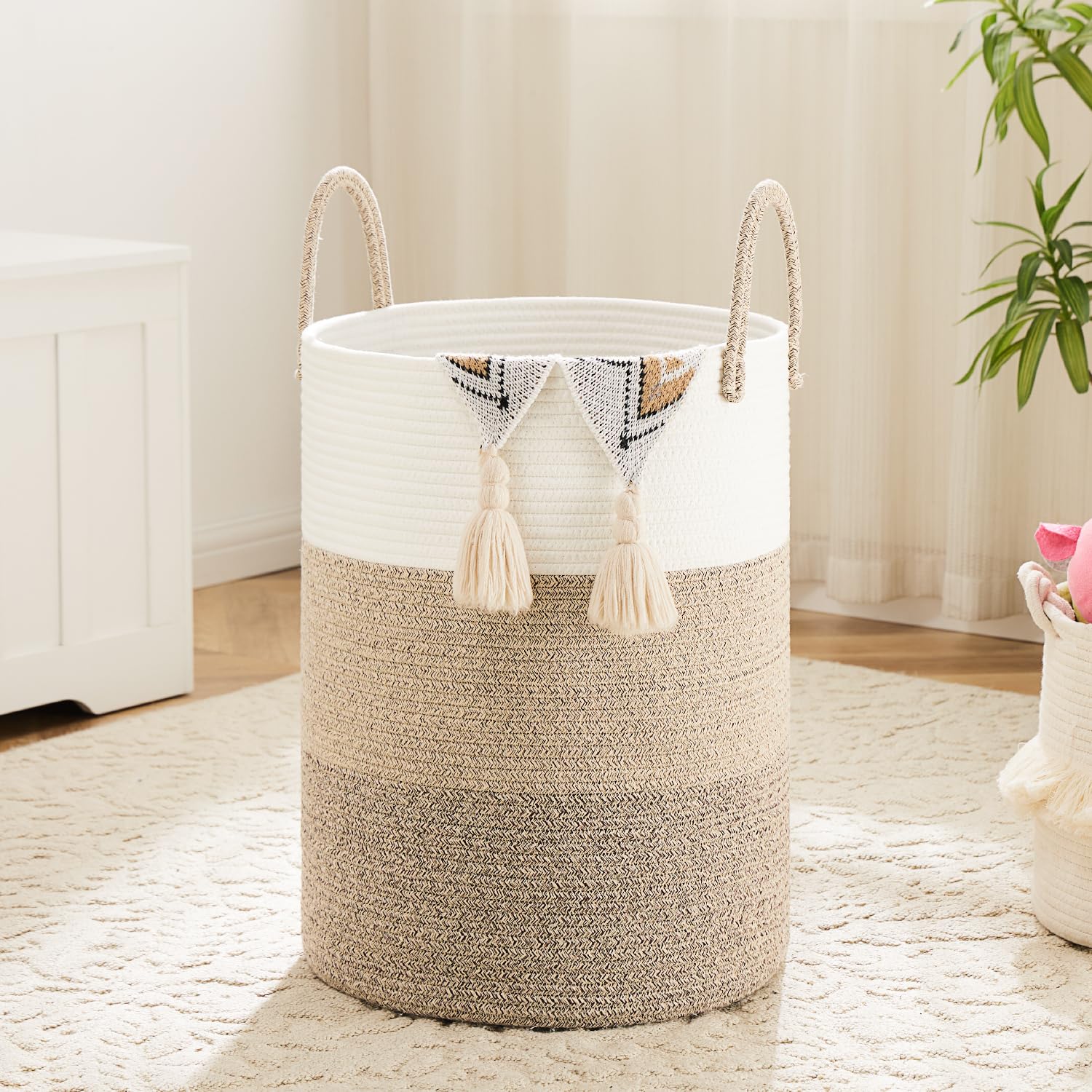 Artfeel laundry basket front view, natural woven cotton rope for stylish dirty clothes storage.