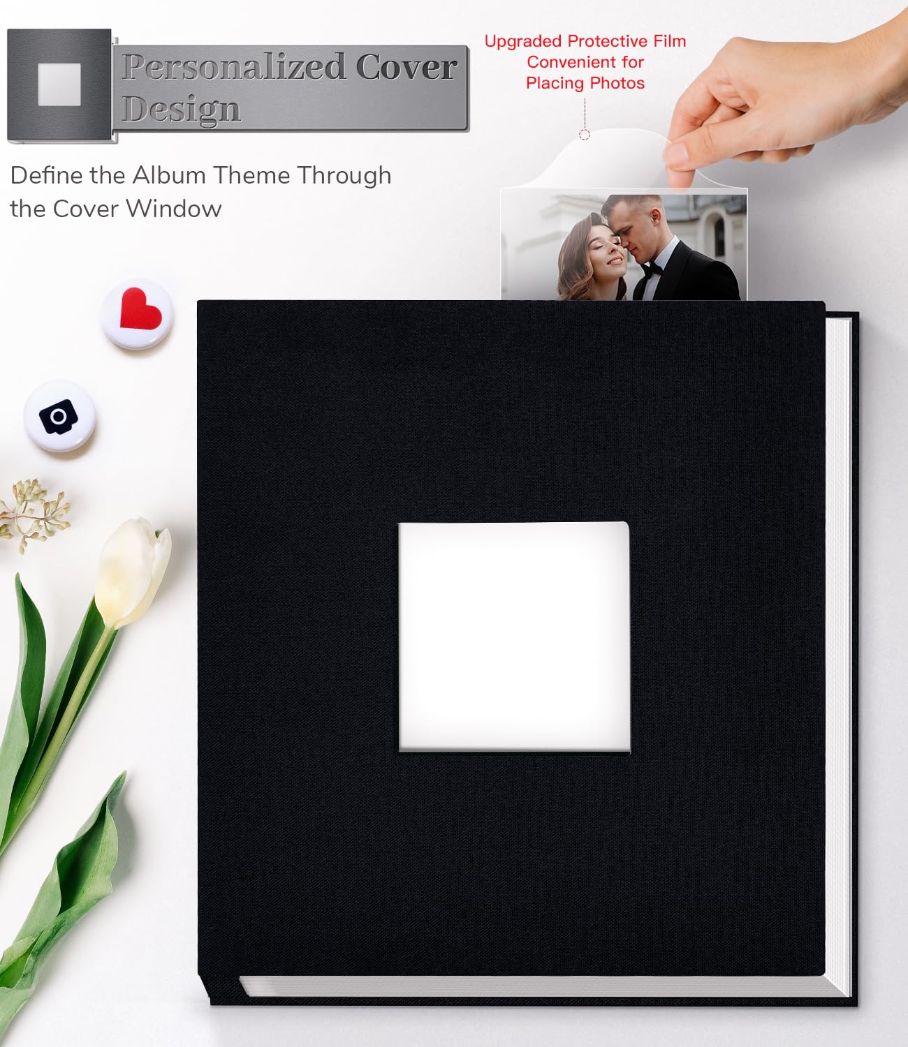 Artfeel self-adhesive interior pages allow easy photo placement with bubble-free results.