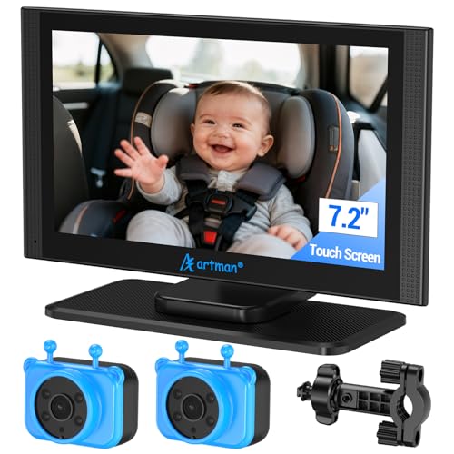 Artman baby car camera with dual feeds on a 7.2 inch display for clear travel monitoring.