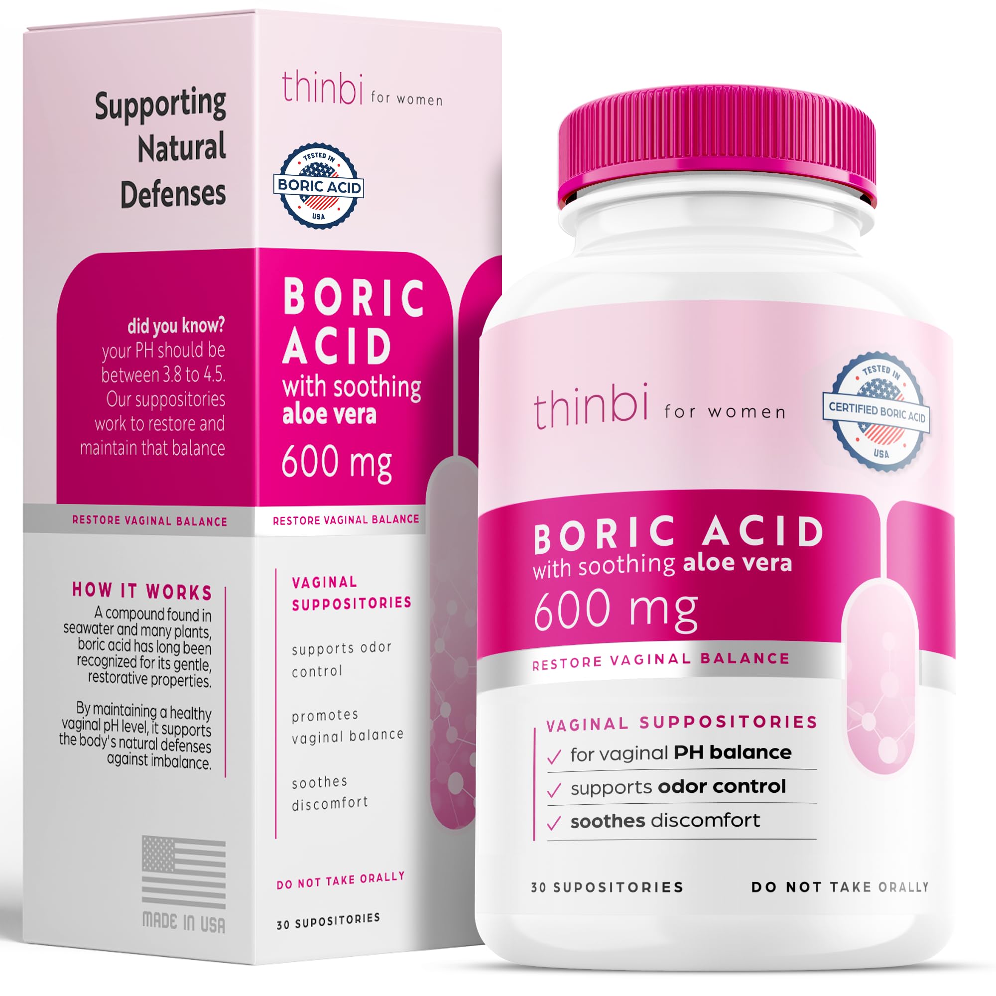 Artnaturals Thinbi boric acid suppositories packaging showing 30-count box for discreet daily use