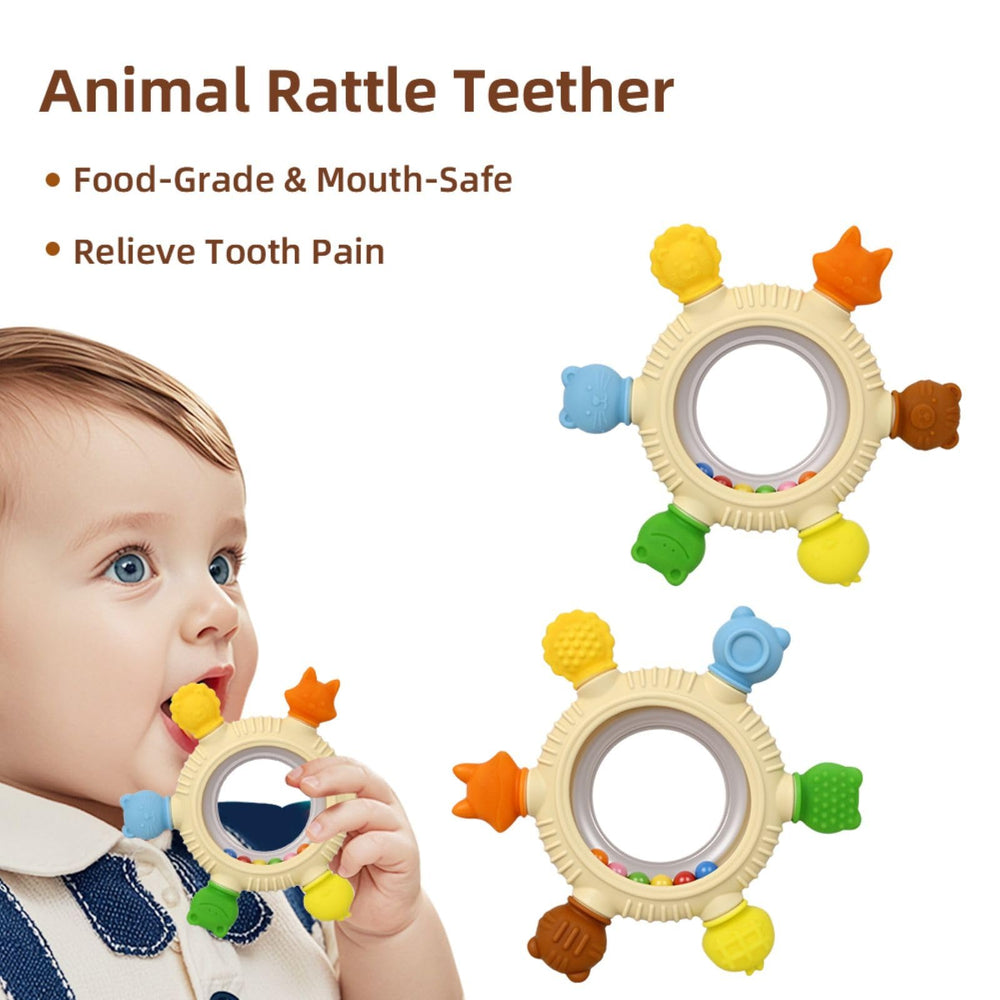 Arudyo silicone teether baby rattle for easy grip during teething.