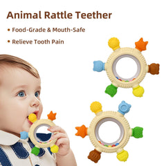 Arudyo silicone teether baby rattle for easy grip during teething.