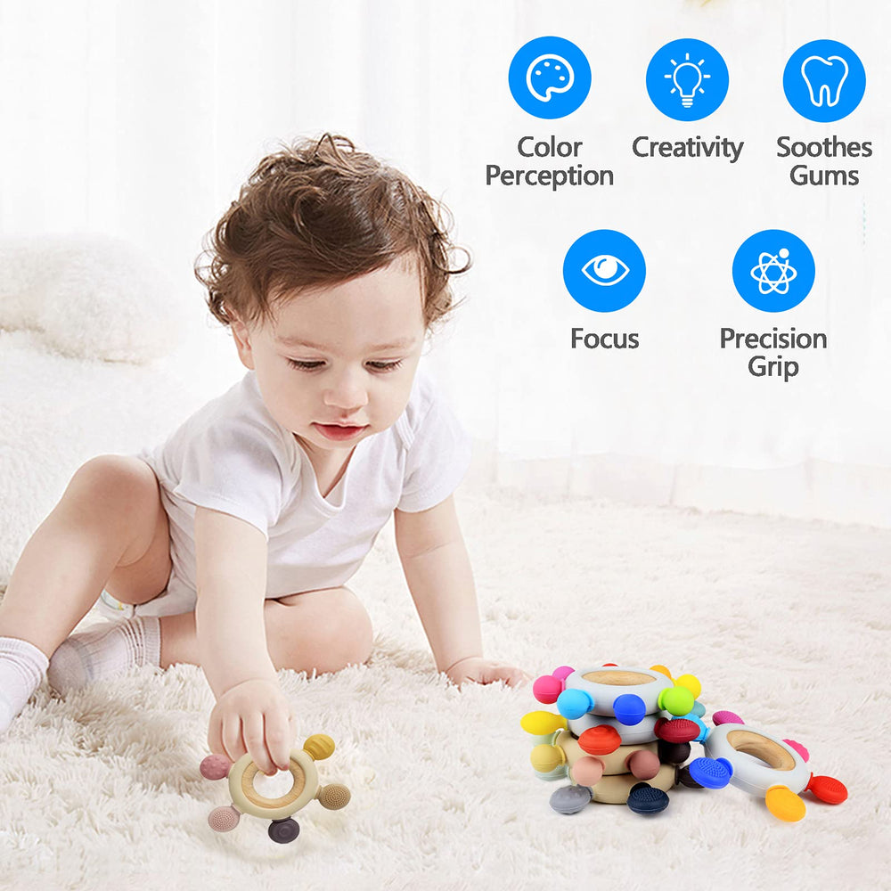 Arudyo silicone teether offers soft, safe material for mouth exploration.