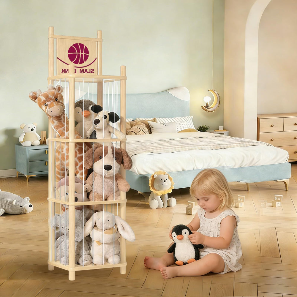 Aruood's natural finish blends with playroom decor while organizing toys.