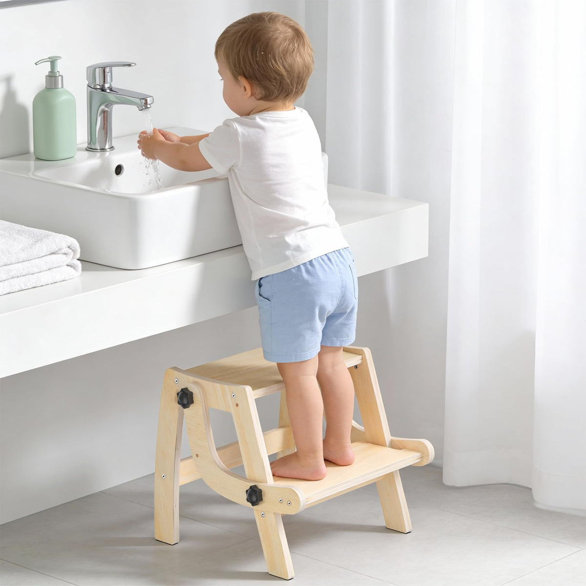 Arwion toddler step stool foldable wooden for space-saving storage.