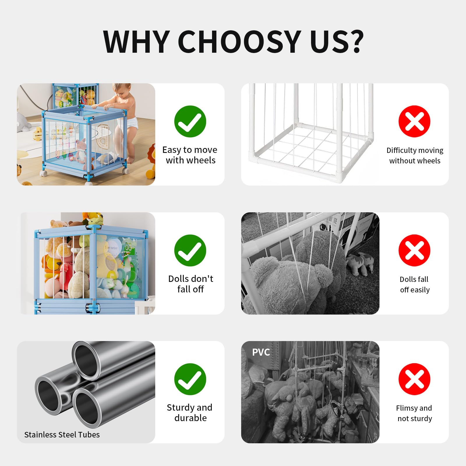 Asacbiiin stuffed animal storage zoo structure highlights double layer design for easy access.