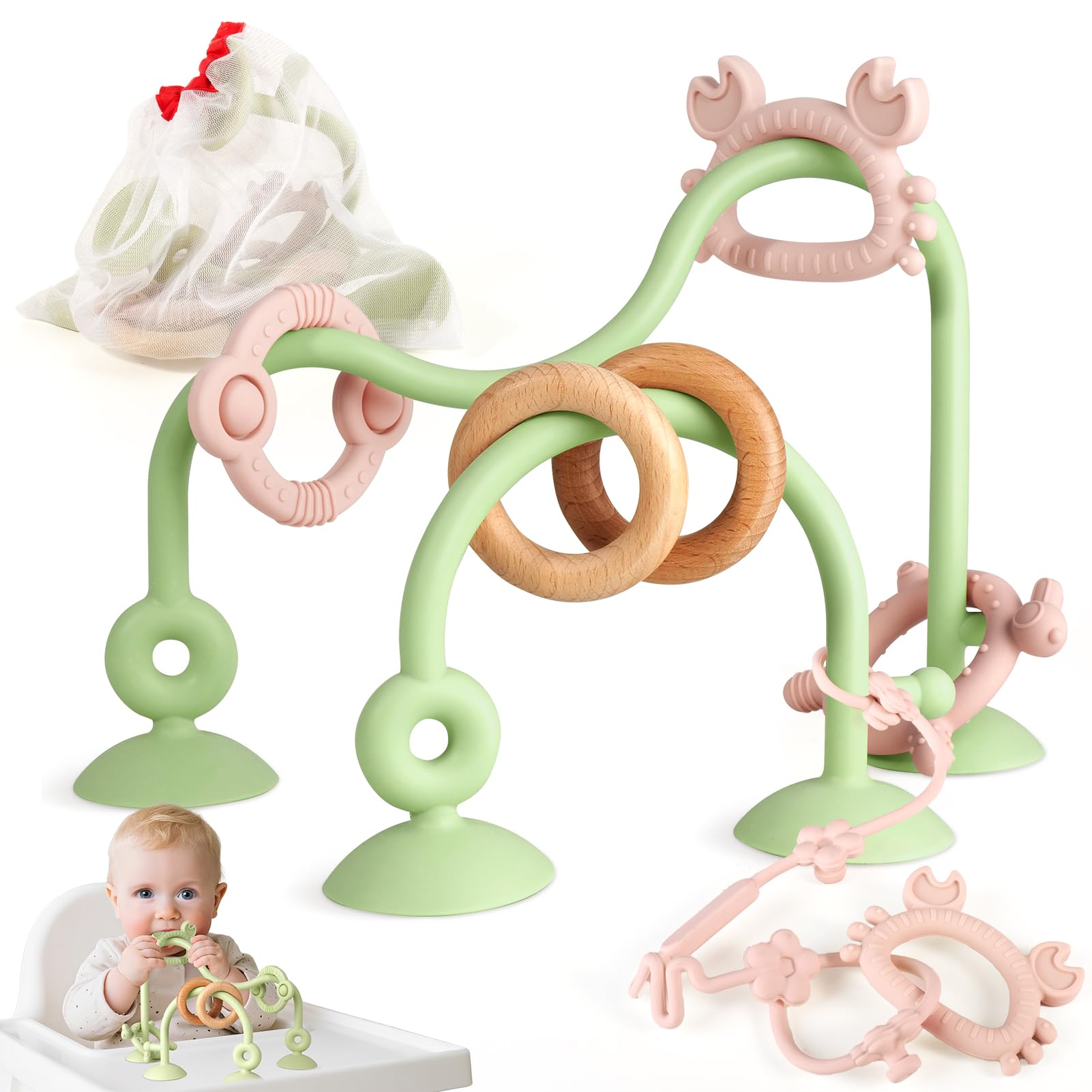Ascnduup baby silicone teether with suction cup for secure high chair play.