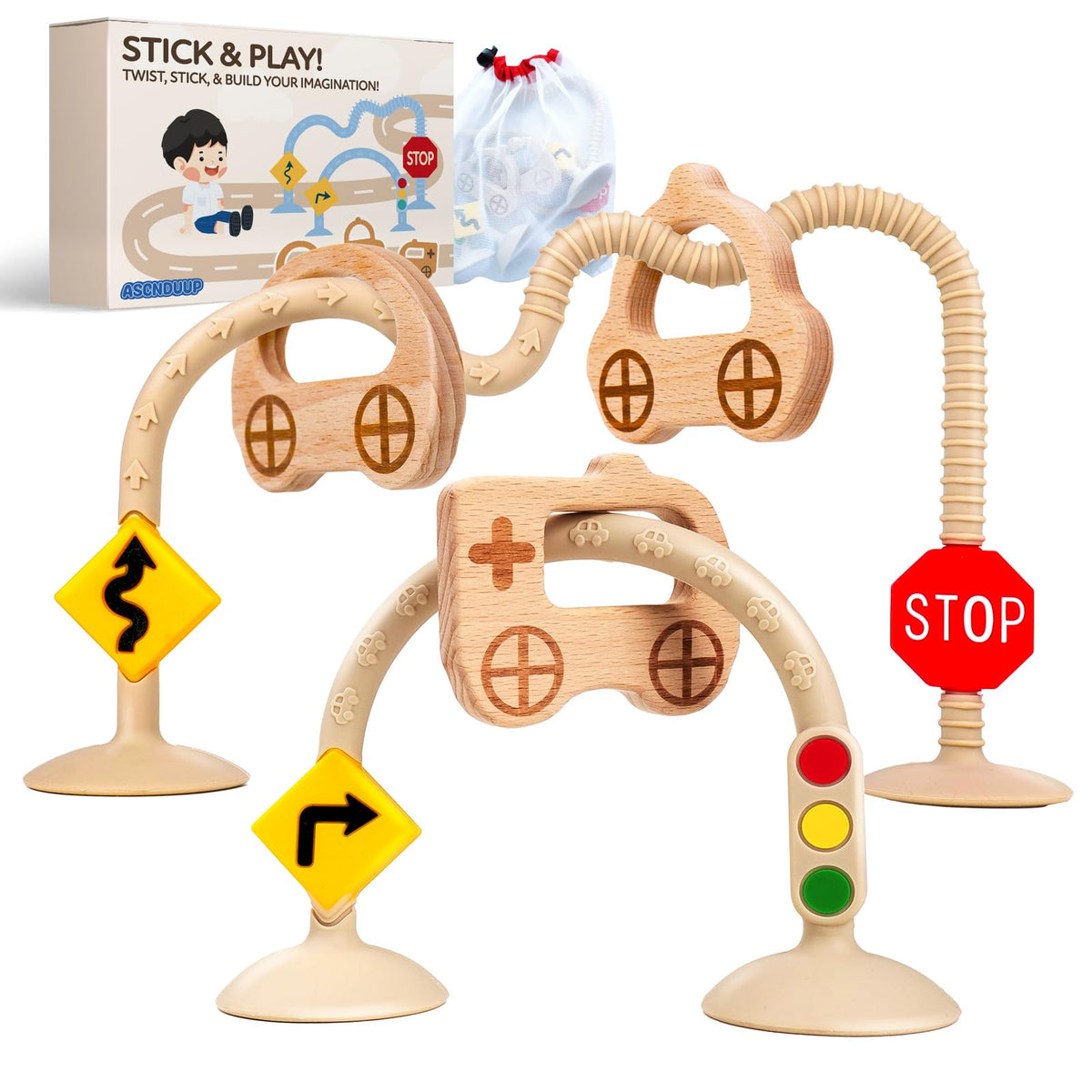 Ascnduup baby suction cup toy on high chair for mess-free play and secure placement.