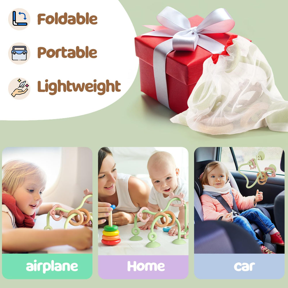Ascnduup baby teether stays put on trays, windows, and strollers.