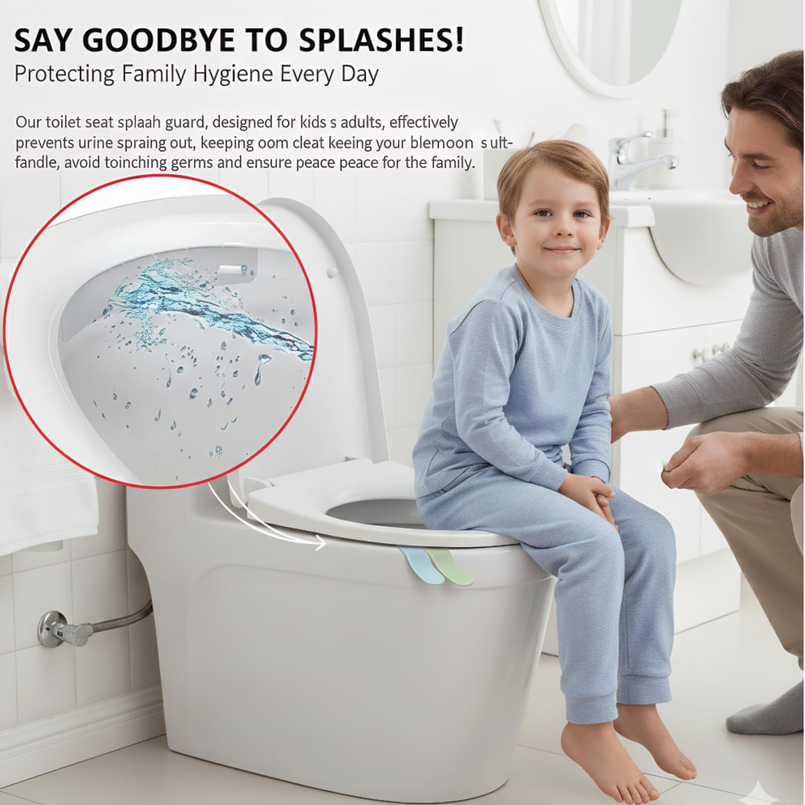 Asdkkap adjustable pee guard highlights universal fit for round and elongated seats.