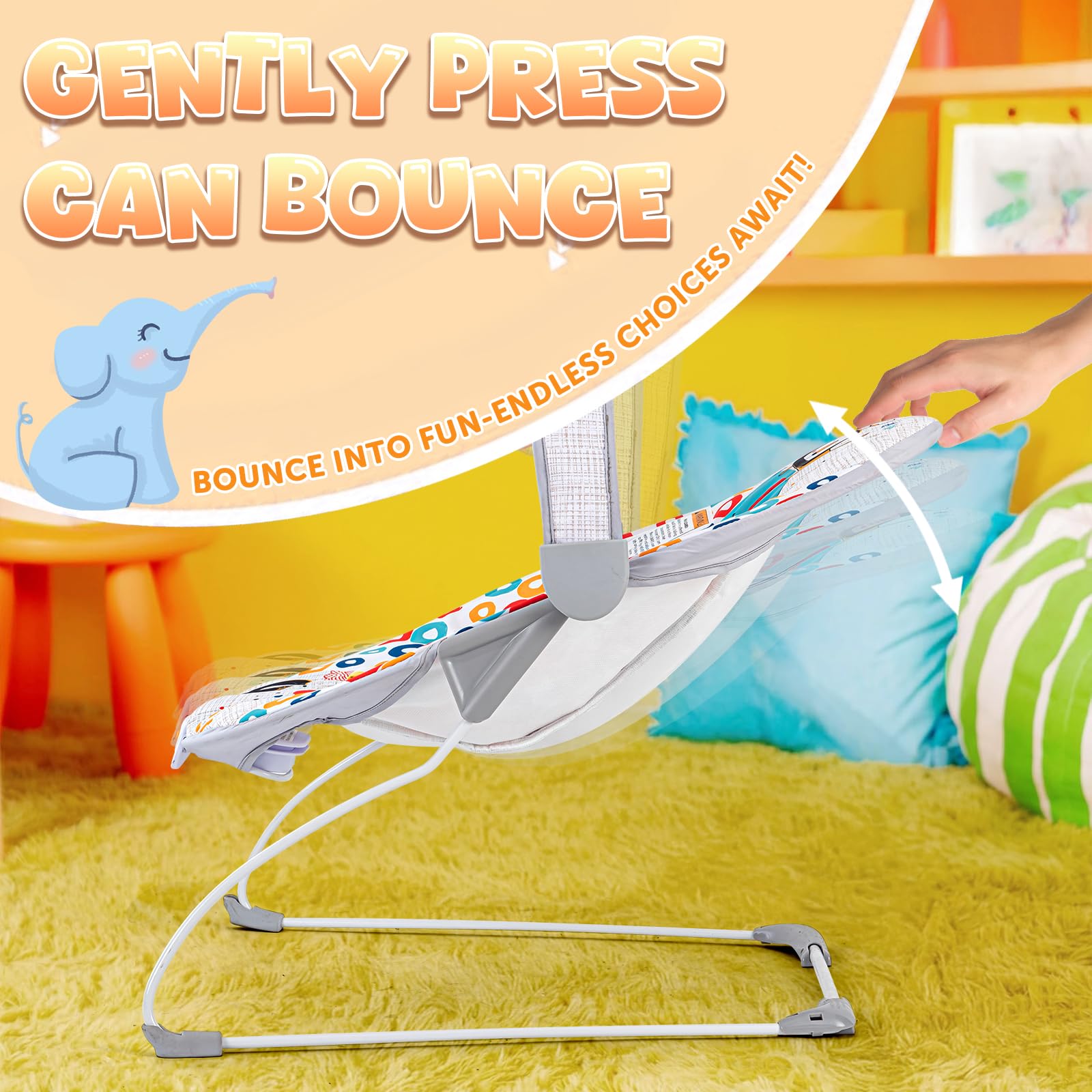 AskCat Baby Bouncer music function delivers gentle melodies to soothe.