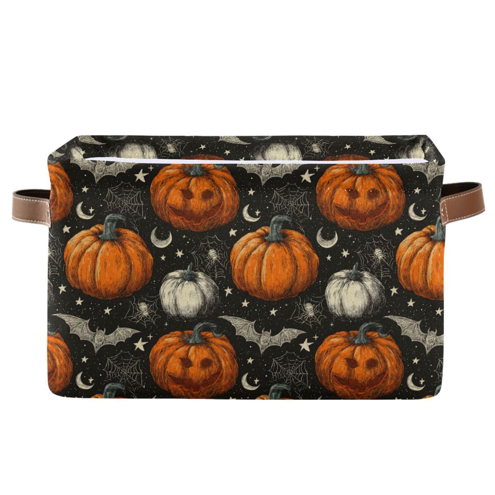 Aslsiy Halloween jack-o-lantern spider basket top view for easy nursery organization.