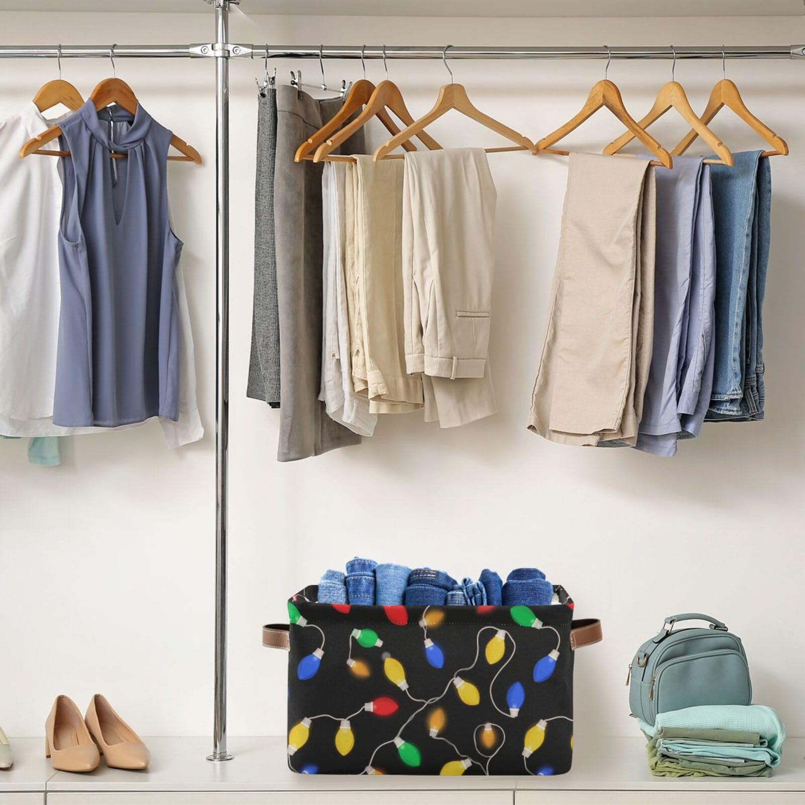 Aslsiy storage basket leather handle offers easy pulling from shelves.