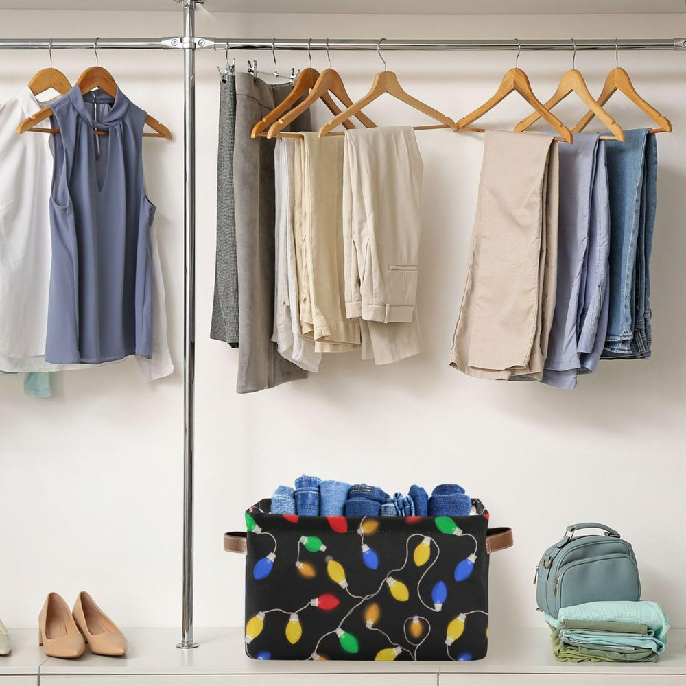 Aslsiy storage basket leather handle offers easy pulling from shelves.