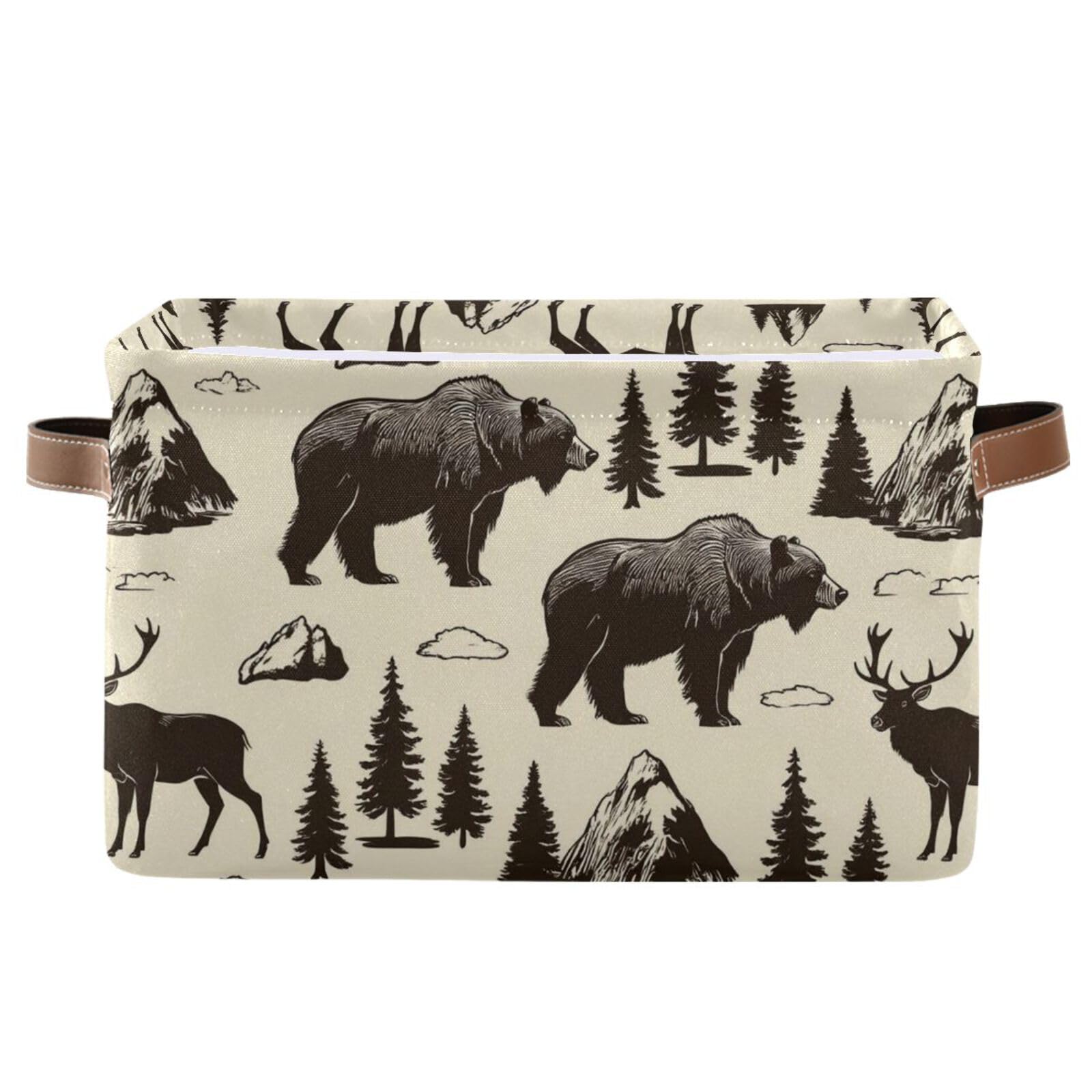 Aslsiy storage basket with vintage deer print viewed from the front, ideal for nursery organization.