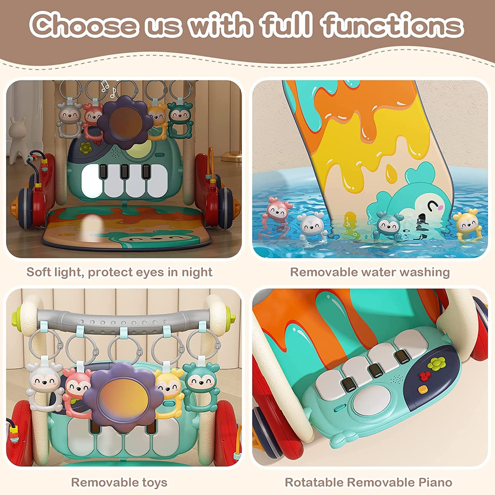 Asou Tummy time area supports reaching and kicking progress.