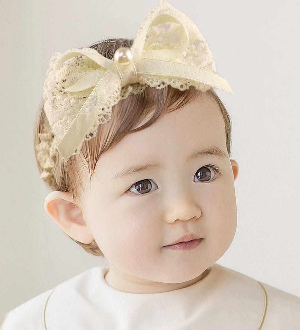 Asphinien Ivory Lace Headband with bow closeup for a refined newborn look