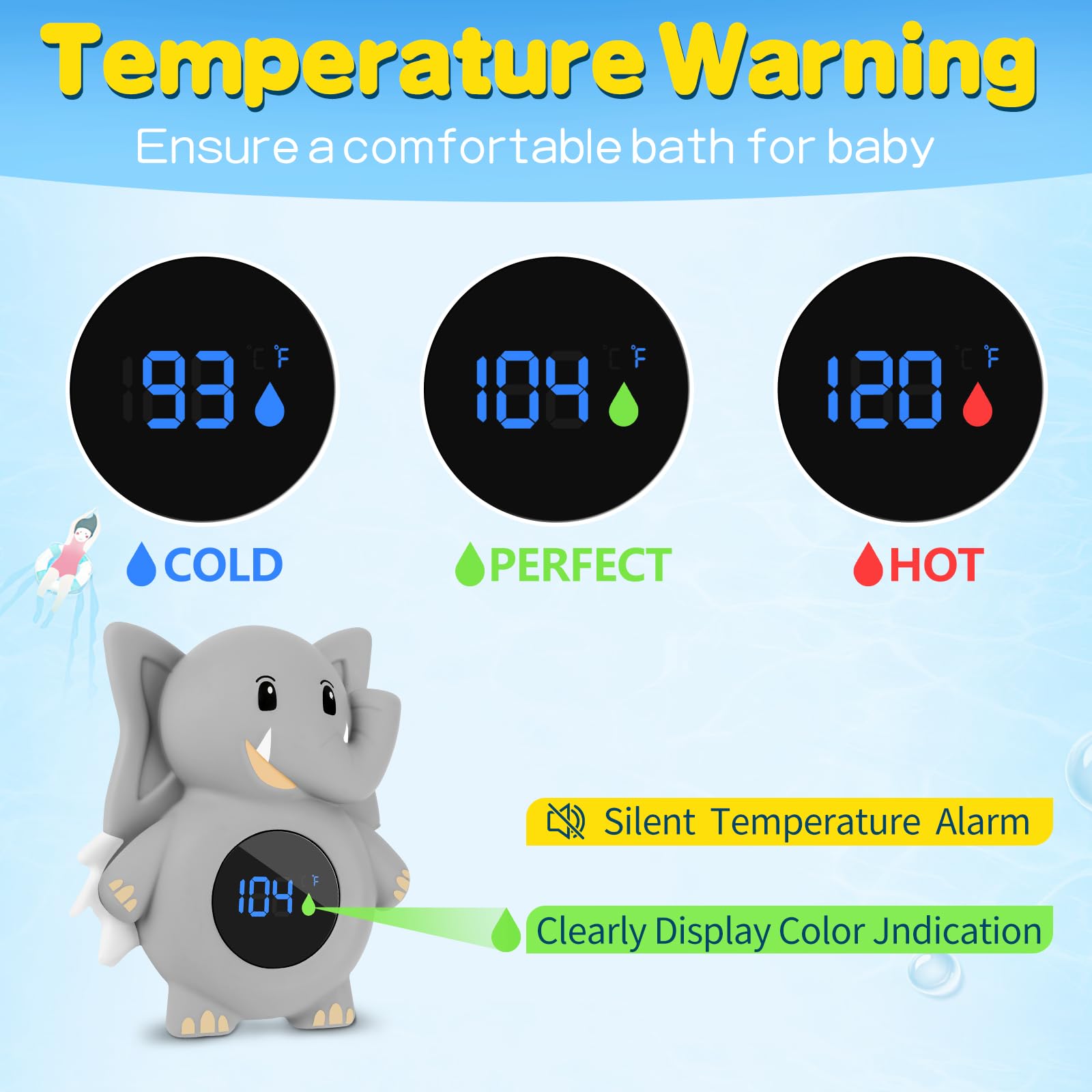 ASRIO thermometer with temperature warning highlights high or low bath temps.
