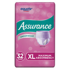 Assurance women's XL disposable underwear packaging for discreet protection.