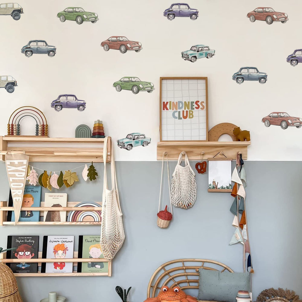 astrkiz 30-piece watercolor cars wall decals brighten a nursery wall with playful color.