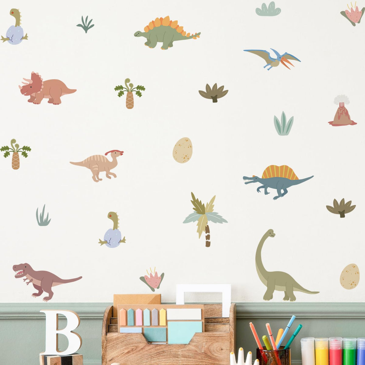Astrkiz dinosaur wall decal set enhances a playful, kid-friendly room atmosphere