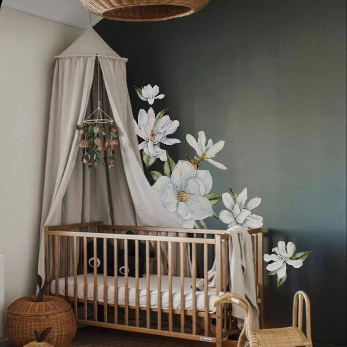 Astrkiz large magnolia wall decal closeup showing fabric texture for elegant bedroom decor.
