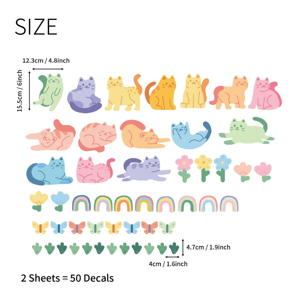 astrkiz rainbow cat decal creates a vibrant focal point for bedrooms or classrooms.