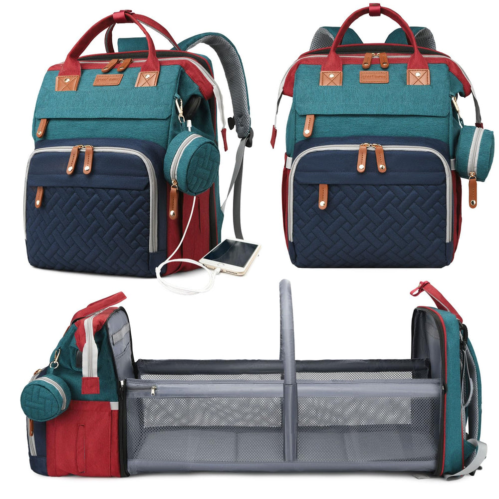 Astro alan diaper bag with changing station keeps diaper changes convenient on the go.