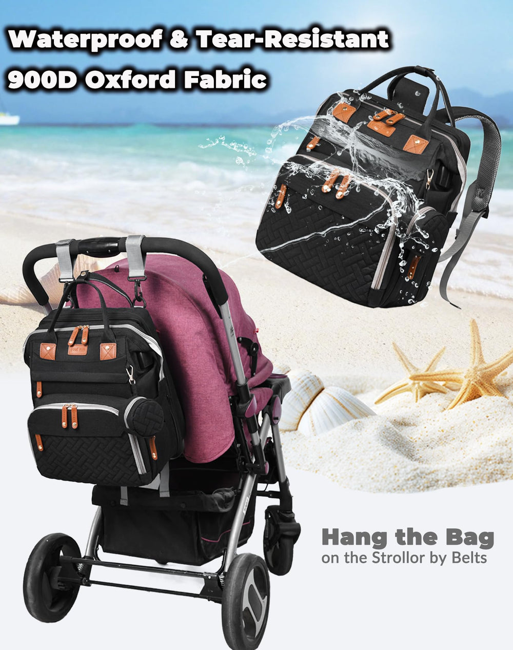 Astro alan diaper bag detachable changing station and stroller straps for hands-free carrying.