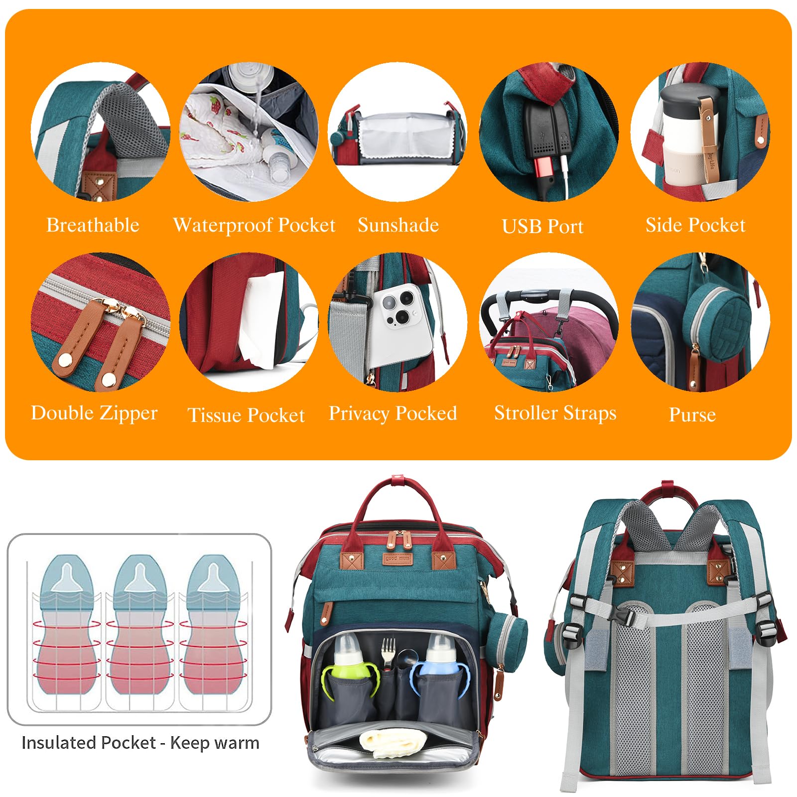 Astro alan diaper bag hidden back pocket securely stores valuables.