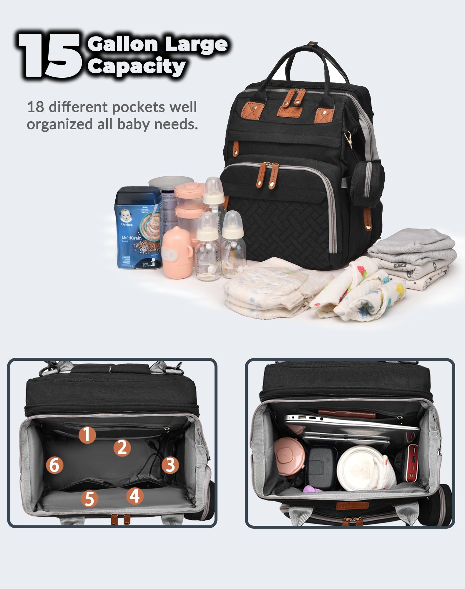Astro alan diaper bag features large capacity with 19 pockets for orderly storage.